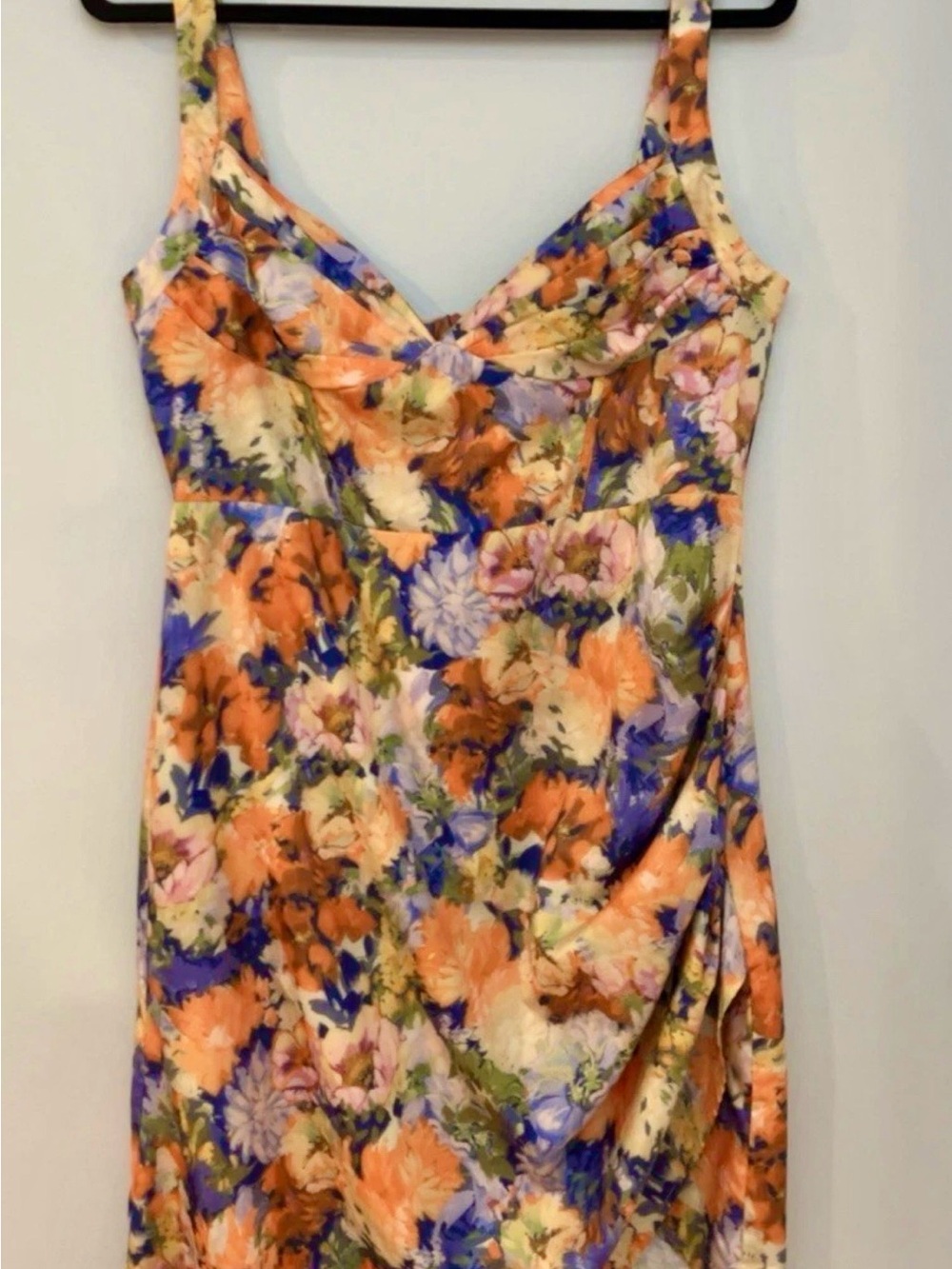 Cider Floral Asymmetrical Bodycon Dress in Orange, Purple, Green, Pink - Picture 2 of 7